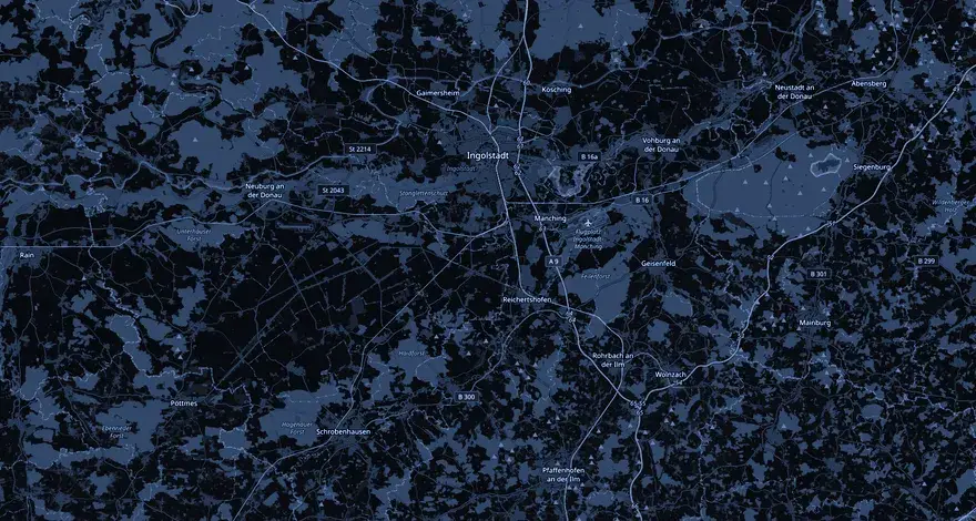 Karte der Region um Ingolstadt mit Gaimersheim, Kösching, Großmehring, Manching, Neuburg a. d. Donau, Pfaffenhofen a. d. Ilm