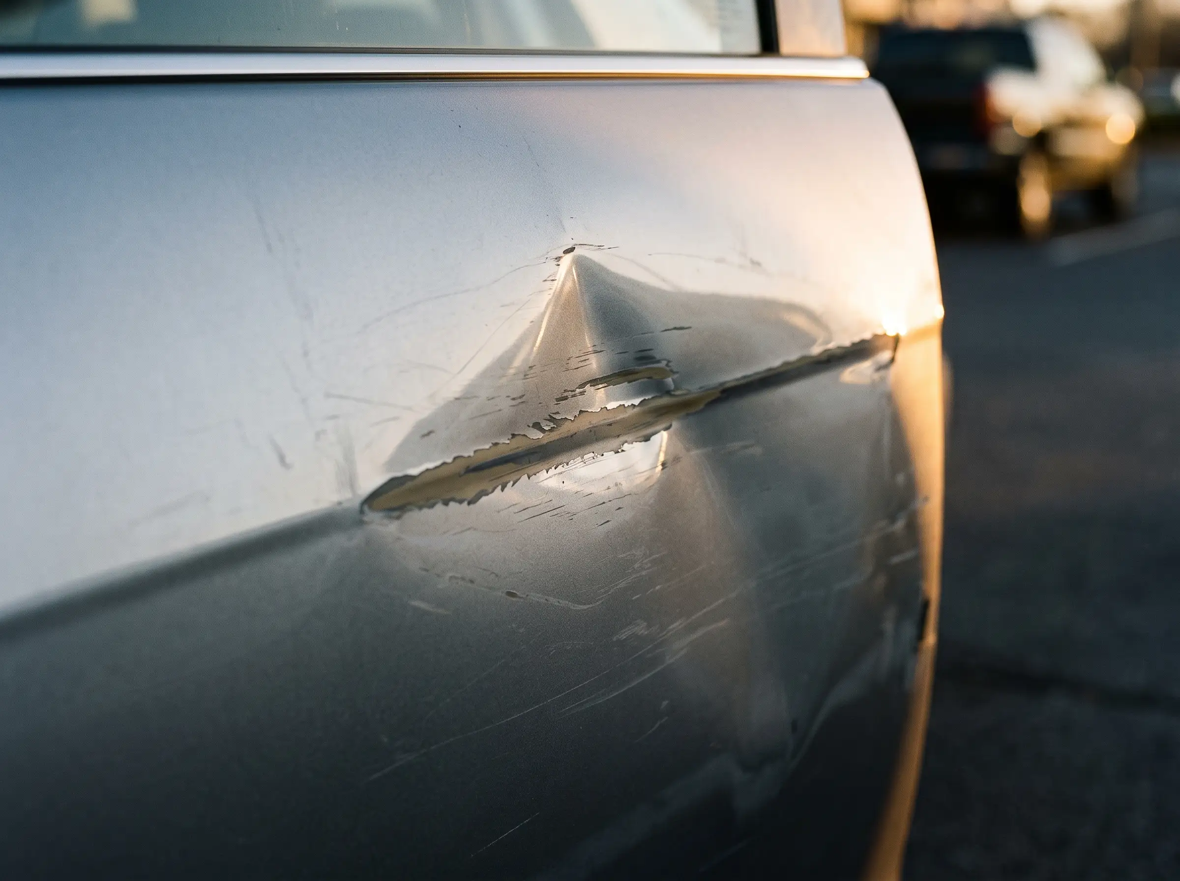 Delle mit aufgerissenem Lack an einer Fahrzeugtür im Gegenlicht