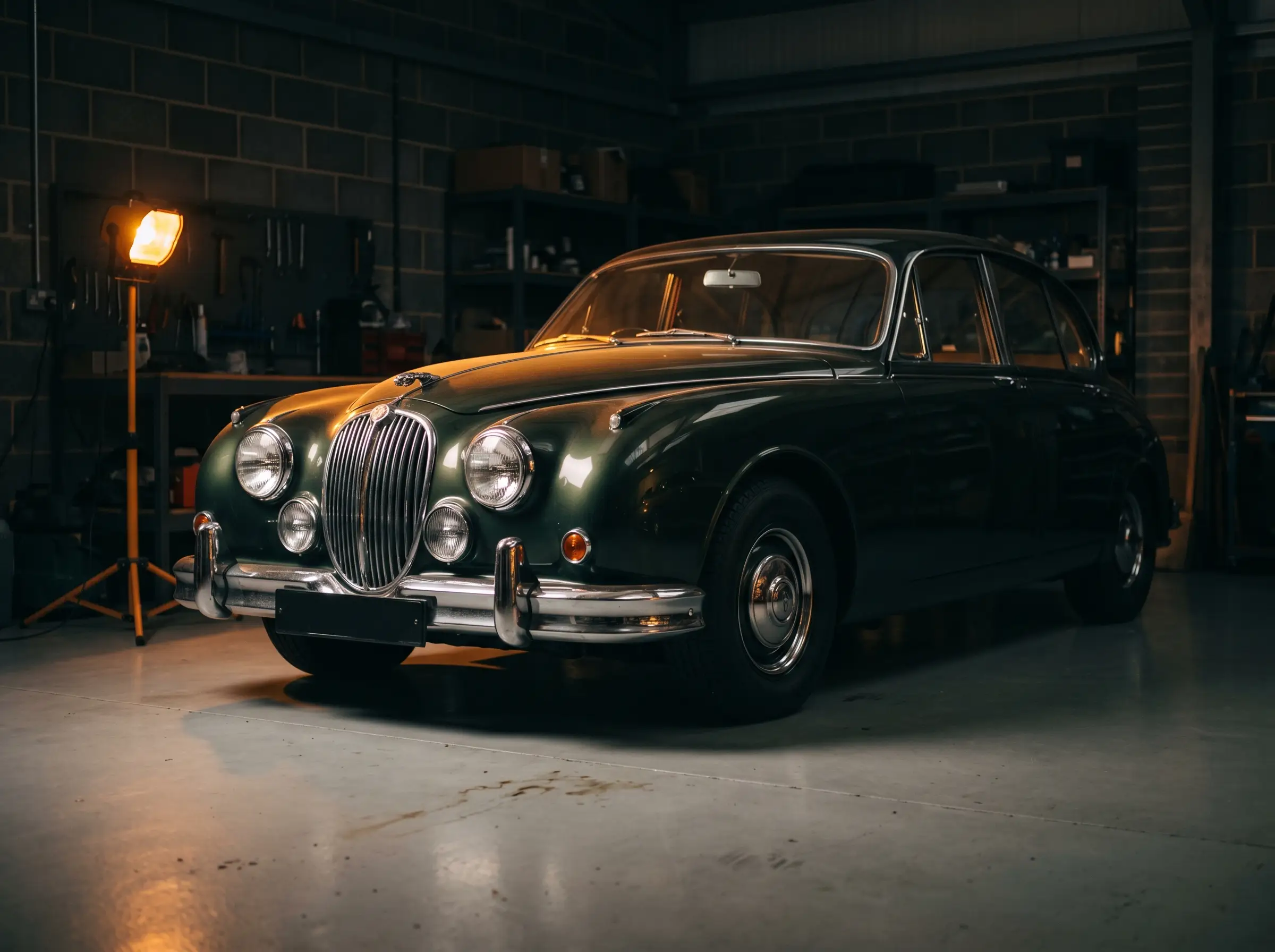 Oldtimer in einer Werkstatt, angeleuchtet von einer Arbeitsleuchte